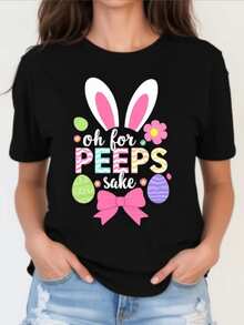 Bunny Ears With Colorful Eggs, A Pink Flower, And A Large Bow Symbolize Joy And Festive Fun. Perfect For Celebrating Happy Moments, This Comfortable And Fashionable Women's Casual T-Shirt Is Ideal For Everyday Wear. - 黑色 - 查看 8