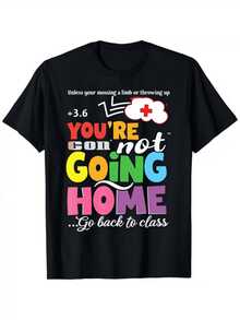 Una divertida composición colorida con letras grandes que transmiten energía positiva y un toque humorístico escolar perfecta para expresar personalidad alegre camiseta de mujer casual moderna para diario - Negro - Ver 1