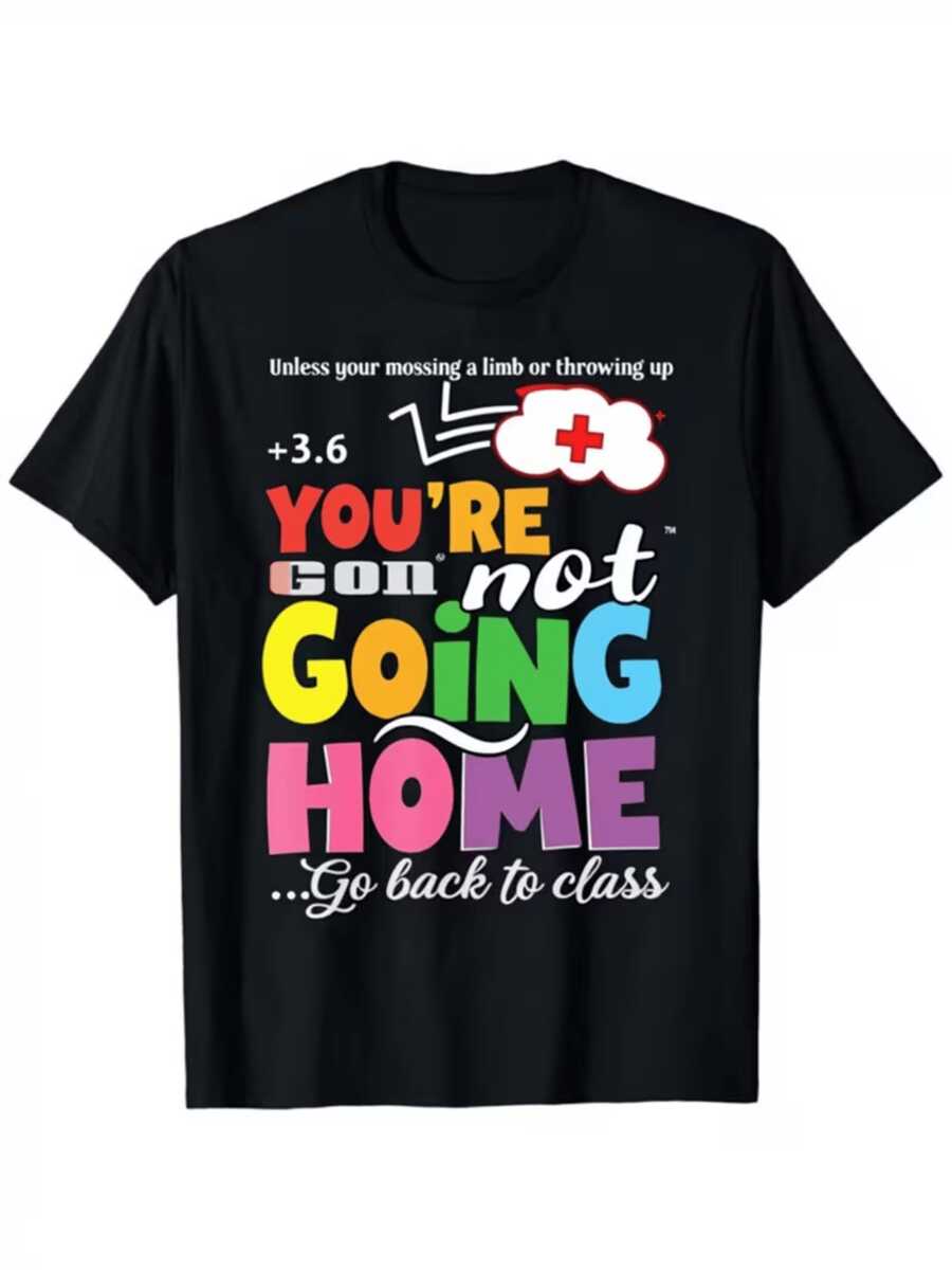 Una divertida composición colorida con letras grandes que transmiten energía positiva y un toque humorístico escolar perfecta para expresar personalidad alegre camiseta de mujer casual moderna para diario - Negro - Ver 1