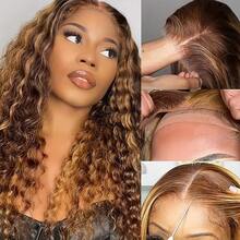 30 Inch Highlight Ombre Lace Front Wig Human Hair 13x6 HD Honey Blonde Deep Wave Lace Front Wigs Human Hair 250% Density 4/27 Wet And Wavy Water Wave Lace Frontal Wigs 13x4 Colored Culy Glueless Wigs Human Hair For Women - S4/27 - 查看 7