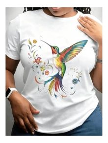 Women's Casual Cotton Short-Sleeved Round Neck T-Shirt With Colorful Hummingbird Print, Loose Fit Retro Tee. - Back - View 8