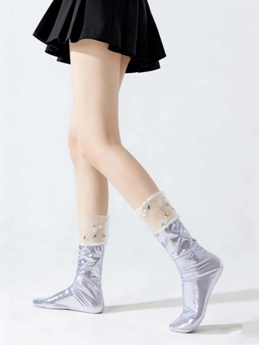 1 par de calcetines de media caña brillantes de unicolor con flores de encaje dulce en negro/blanco/amarillo/plateado, para primavera/verano - Multicolor - Ver 1