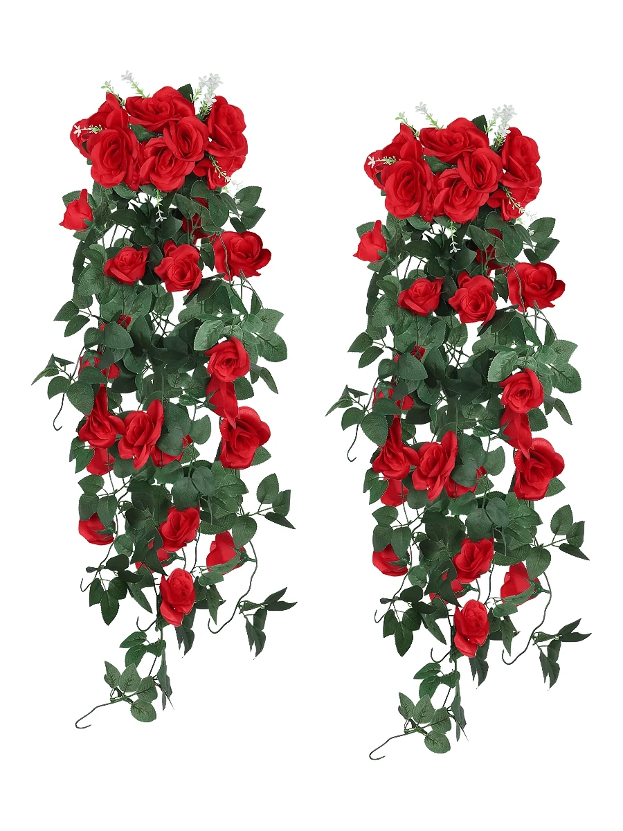 Nejlue Artificial Flowers/Plants1111 Home & Living 1/2支人造红色玫瑰藤蔓花,春季玫瑰装饰,悬挂式花卉,适用于家居装饰、房间装饰、墙面装饰、婚礼拱门、卧室、桌面、生日派对、花园、室内外、春夏季 - 紅色 - 查看 1