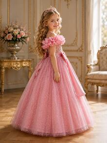 Girls' 3D Floral Off-Shoulder Embroidered Tulle Party Dress, Princess Dress For Birthday Party, Performance, Piano Recital - Dusty Pink - View 3