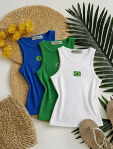 Set Of 3 Tank Tops With Embroidered Brazilian Flag - White/Green/Blue - View 2