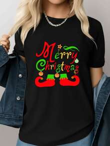 Estampado navideño con mensaje alegre Merry Christmas acompañado de zapatos de duende y adornos festivos que evocan calidez y espíritu de celebración camiseta de mujer casual cómoda para fiestas - Negro - Ver 8
