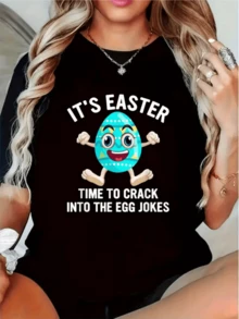 Smiling Blue Egg Jumping Energetically, Representing The Joy Of Easter And Festive Humor That Invites Sharing Fun Moments. Funny Casual Women's T-Shirt For Easter Celebration. - 黑色 - 查看 1