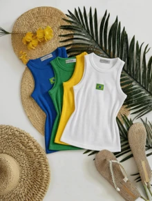 Set Of 4 Tank Tops With Embroidered Brazilian Flag - 白色/黃色/綠色/藍色 - 查看 3