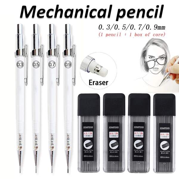 2pcs/Set Transparent High-Quality New 0.3/0.5/0.7/0.9mm Mechanical Automatic Pencil, Lead Not Easy To Break, Suitable For Office Writing Professional Sketching Writing Stationery Supplies, Fine Writing Instruments, Back To School