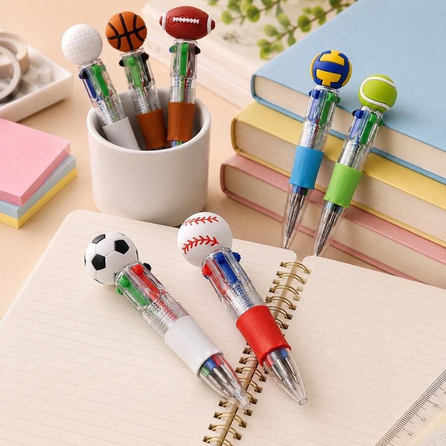 Sports Ball Top 6-Color Retractable Ballpoint Pen, Multicolor Smooth Writing Pen With Soft Grip, Sports Theme Student Stationery For School Supplies, Back To School, Study Notes, Journaling & Classroom Rewards