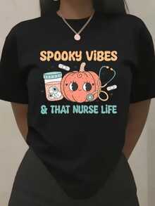 Pumpkin With Sweet Eyes Accompanied By Bottles And A Stethoscope That Symbolize The Fun And Mysterious Energy Of Nurses. Comfortable Casual Women's T-Shirt For Everyday Wear. - 黑色 - 查看 8