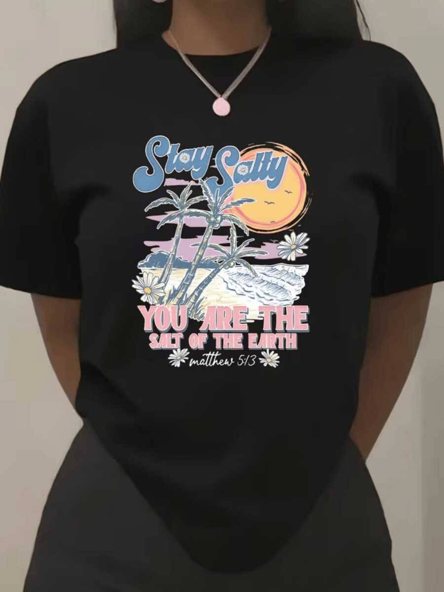 Sol brillante sobre el mar con palmeras que evocan calma y esperanza acompañadas de flores que simbolizan pureza y conexión espiritual con frases inspiradoras camiseta de mujer casual cómoda para verano - Negro - Ver 1