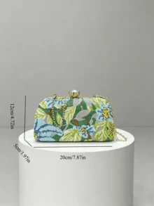 1pc Vintage Blue-Green Floral Beaded Evening Clutch Bag, Gold Frame Hard Case Chain Wallet (Random Cut) - Mint Green - View 3