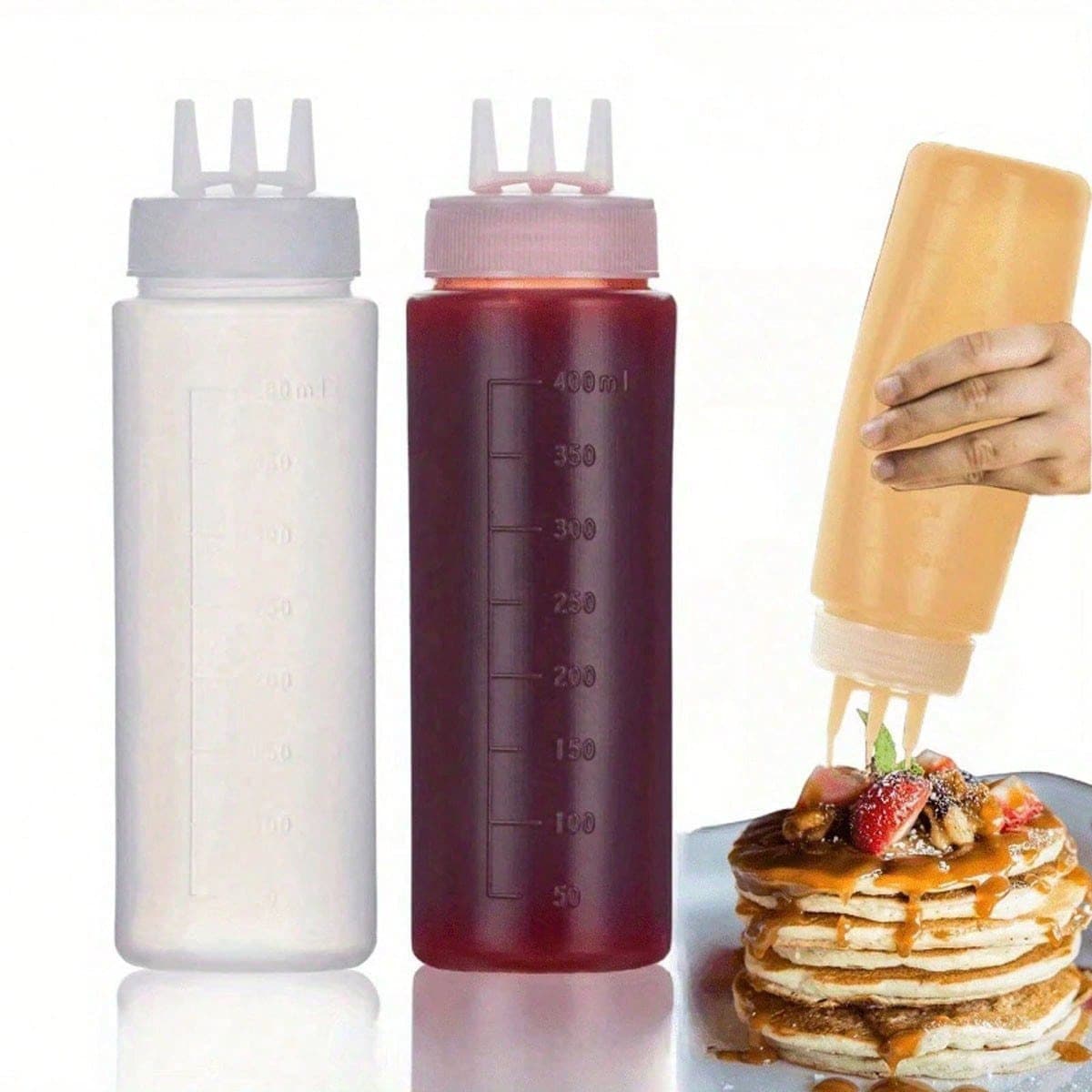 1/2pcs Multifunctional Kitchen Squeeze Bottles, 3-Hole Gradient Design, PE Material, Suitable For Sauces, Seasonings And Baking, Comes With White, Red And Amber Nozzles, Condiment Dispenser, Modern Kitchen Supplies, Transparent Material, Soy Sauce Squeeze Bottle - Multicolor - View 1