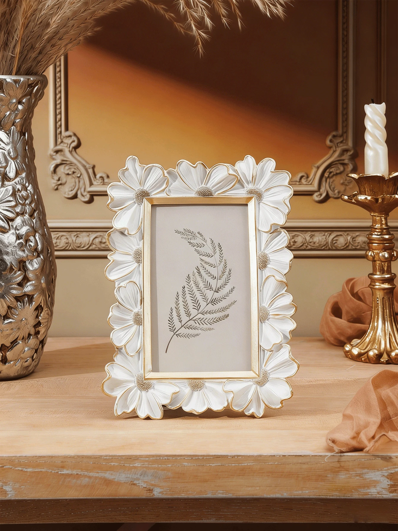 1pc White Resin Photo Frame With Gold Trim, 3D Daisy Flower Decor Picture Frame, Square Tabletop Display, Horizontal Or Vertical, Suitable For Home Decor And Photography