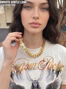 1pc Premium-Look 14K Gold Plated Sculpted Cuban Link Chain Necklace Or Bracelet, Curved Pavé S Emblem Clasp, Mirror-Polished Statement Jewelry - 彩色 - 查看 1