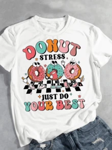 Colorful Drawings Of Smiling Donuts Convey A Positive Message Of Enjoying Life Without Stress And Always Maintaining A Cheerful And Optimistic Attitude. Fun, Casual Women's T-Shirt For Everyday Wear - 白色 - 查看 1