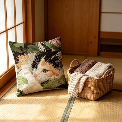 1PC, Multi-Color, Calico Cat With Green Leaves Print, Illustrative Style, 2D Printed Pillow Cover, 100% Polyester Fabric, No Insert, Perfect For Adding A Warm And Cozy Atmosphere To Your Entryway Or Home Space.