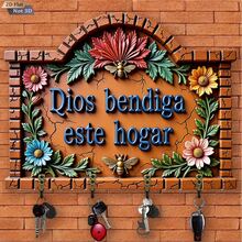 2D Flat 1 Piece Wooden Key Holder Rack With Floral Family Blessing Hooks For Wall Porch Room Villa Decoration Seasonal Home Decor Entryway Organizer Display Stand - Multicolor - View 4