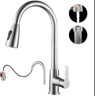 Llaves para Fregadero de Cocina, Grifo de Cocina Acero Inoxidable Retráctil, Mezcladora para Fregadero 360 ° Giratorio con 2 Modos de Salida de Agua, Grifos Monomando Extraíble Caliente y Fría