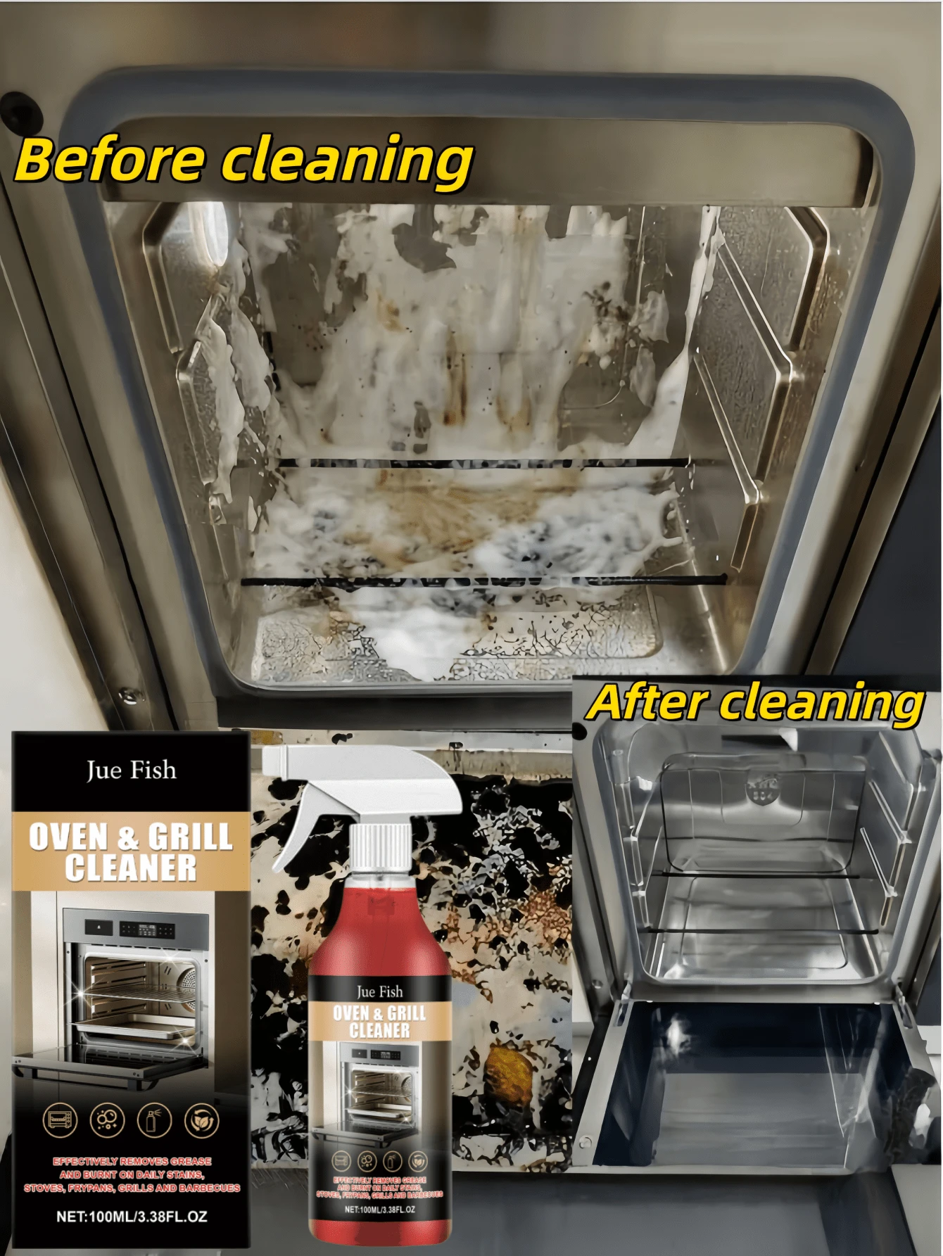 JUE FISH Oven & Stovetop Cleaner, Household Oven Rack Cleaner For Removing Stains, Grease And Odors