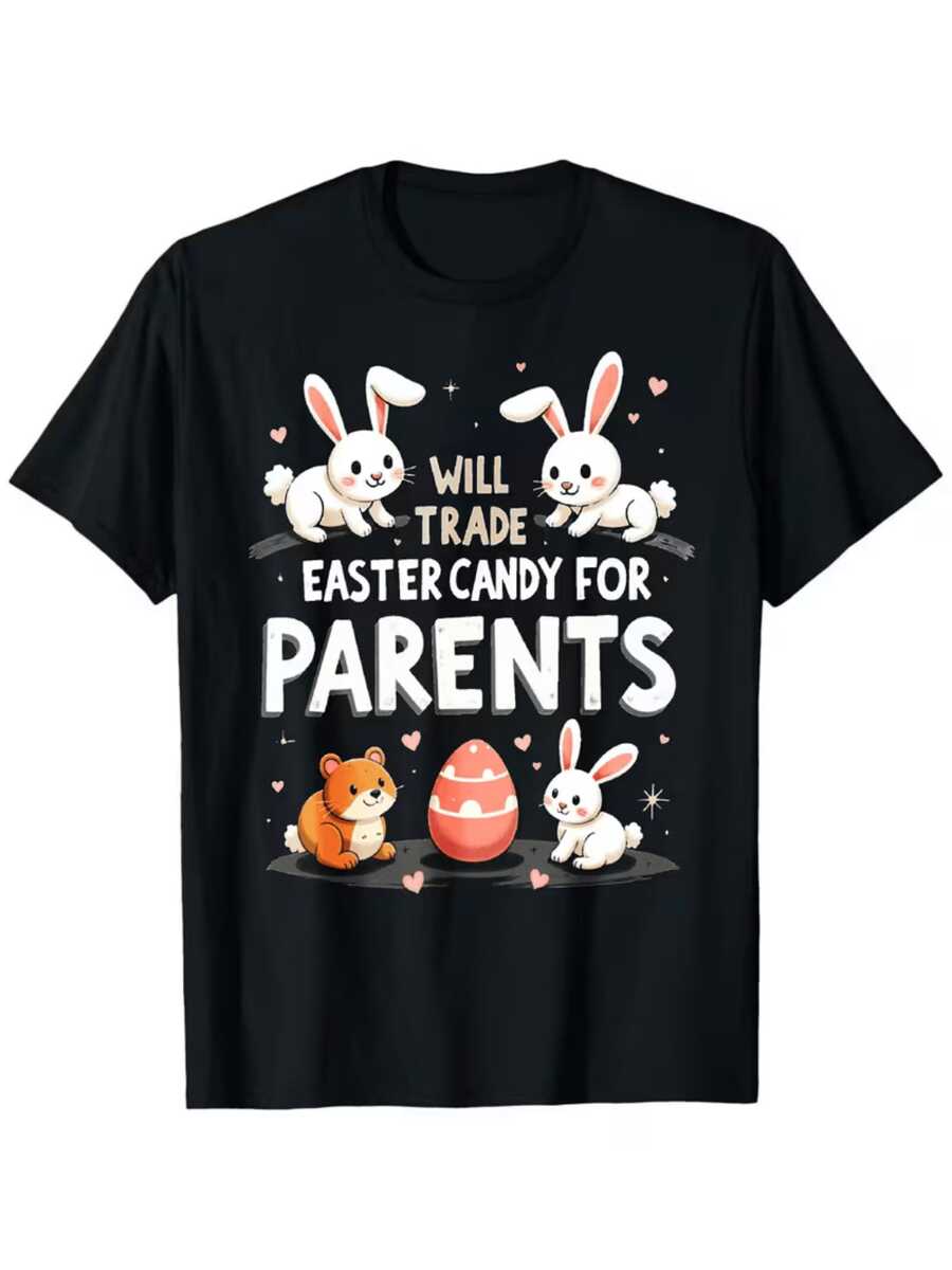 Sweet, Cheerful White Bunnies Surrounding A Colorful Easter Egg Symbolize Tenderness, Fun, And Family Love. Comfortable Women's T-Shirt, Ideal For Holidays. - 黑色 - 查看 1