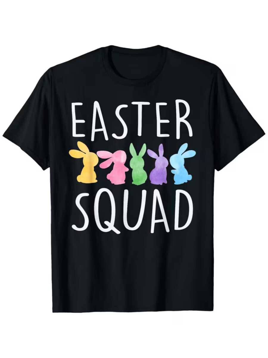 Cinco conejos de colores pastel simbolizan la unión alegre y la amistad en una celebración llena de energía y esperanza camiseta de mujer casual cómoda para época festiva - Negro - Ver 1