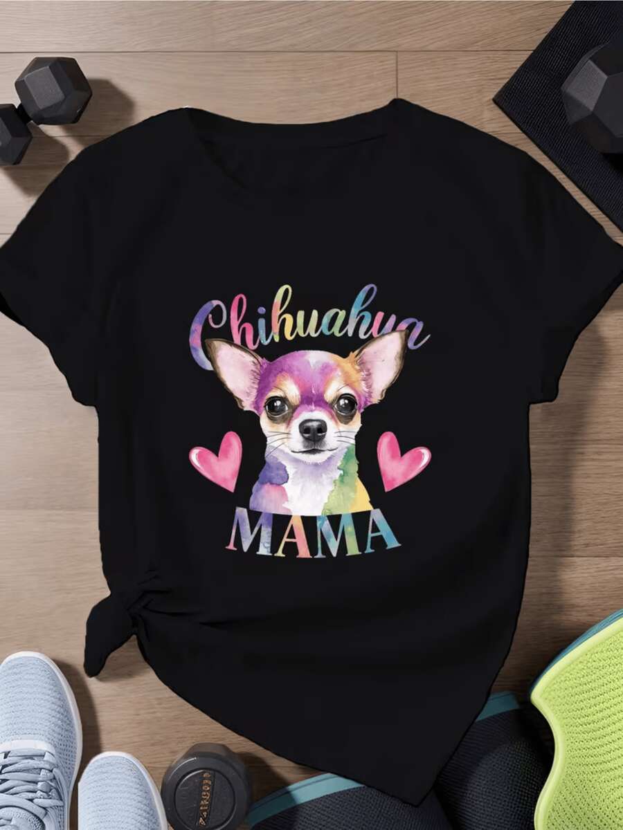 Cabeza de chihuahua colorido con ojos brillantes y corazones rosas que simbolizan amor y ternura para las madres orgullosas camiseta de mujer casual cómoda y moderna - Negro - Ver 1