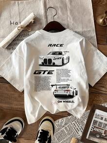 New Summer FashionMen'S Race Car Graphic T-Shirt - Stylish And Comfortable, Soft Breathable Fabric, Bold Print Design, Round Neck, Short Sleeve Summer Shirt, Perfect For Car Enthusiastscotton T-Shirt - 白色 - 查看 6