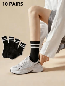 1/4 Par de Meias Esportivas Casuais Confortáveis e Respiráveis até o Meio da Panturrilha com Estampa Listrada Preta para Mulheres - Preto e Branco - Visão 10