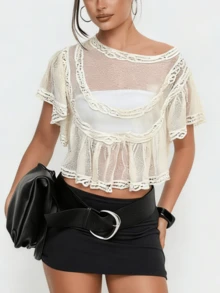 Womens Boho Sheer Mesh Lace Blouse Y2K Chiffon Ruffle Sleeve See Through Babydoll Cropped Shirt Top Summer Beach Vacation Cover Up Going Out Tops Streetwear - 白色 - 查看 5