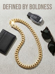 1pc Premium-Look 14K Gold Plated Sculpted Cuban Link Chain Necklace Or Bracelet, Curved Pavé S Emblem Clasp, Mirror-Polished Statement Jewelry - 彩色 - 查看 7