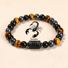 1 pièce Bracelet élastique en pierre naturelle 12 signes du zodiaque 8mm/0,315in, Œil de tigre + Hématite Design unique, Symbolisant la bonne chance, Améliorant l'énergie, Attirant la richesse, Bracelet porte-bonheur, Bracelet de couple, Unisexe, Cadeau spirituel parfait pour les vacances - Multicolore - Voir 15