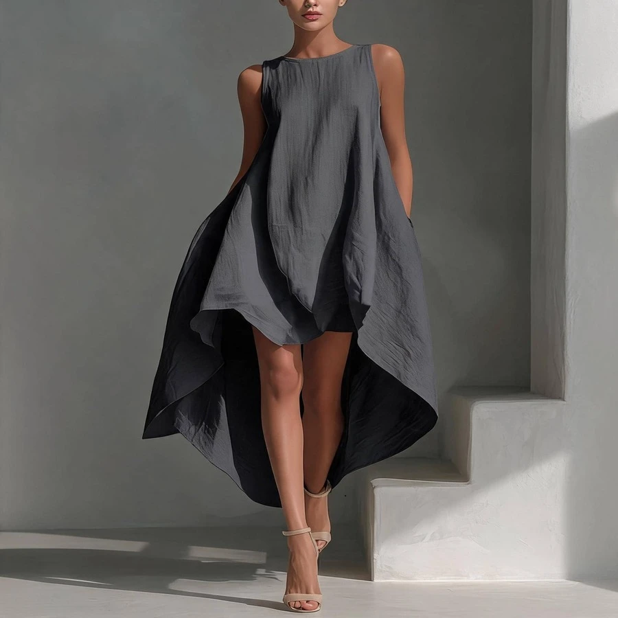Women's Asymmetrical Dress, Sleeveless High Low Hem Beach Dress, Breathable Summer Midi Dress For Vacation Outfits Women And Resort Wear - 灰色 - 查看 1