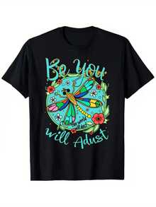 Colorful Dragonfly Surrounded By Red, Blue, And White Flowers Symbolizing Freedom, Joy, And Courage With A Motivational Phrase Inspiring Confidence. Comfortable, Casual, Everyday Women's T-Shirts - 黑色 - 查看 1