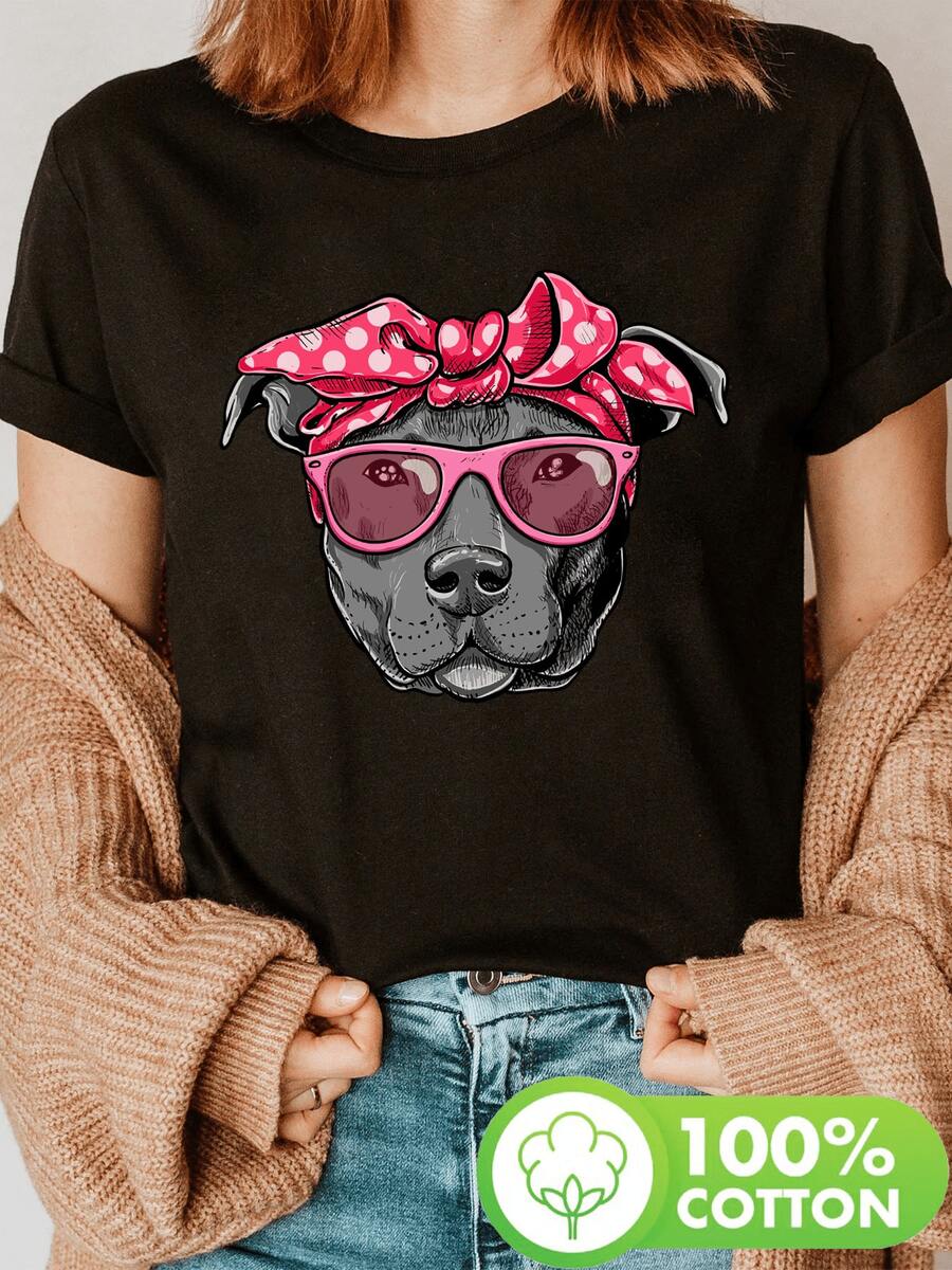 Fun T-Shirt With PITTIE MOM Print, Short Sleeve, Round Neck, Casual Top For Summer And Spring, Women's Clothing, Comfortable Cotton T-Shirt. - 黑色 - 查看 1