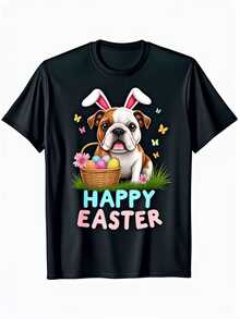 An Adorable Bulldog With Bunny Ears Holds A Basket Full Of Colorful Eggs Surrounded By Flowers And Butterflies, Symbolizing The Joy And Hope Of Easter. A Casual And Comfortable Women's T-Shirt To Celebrate The Holiday. - 黑色 - 查看 1