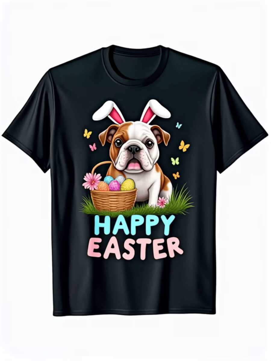 An Adorable Bulldog With Bunny Ears Holds A Basket Full Of Colorful Eggs Surrounded By Flowers And Butterflies, Symbolizing The Joy And Hope Of Easter. A Casual And Comfortable Women's T-Shirt To Celebrate The Holiday. - 黑色 - 查看 1