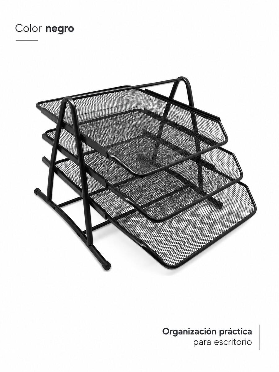 Organizador de escritorio de metal de malla de 3 niveles, soporte para archivos, bandeja para cartas, soporte para papel A4, organizador de escritorio de oficina. - Estante para archivos de tres niveles - Ver 1