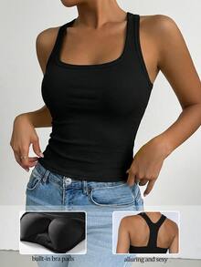 Áo tank top ôm sát dành cho nữ, có đệm ngực, chất liệu mềm mại và thoải mái, có thể giặt máy, áo lót mùa hè. - màu đen - Xem 2