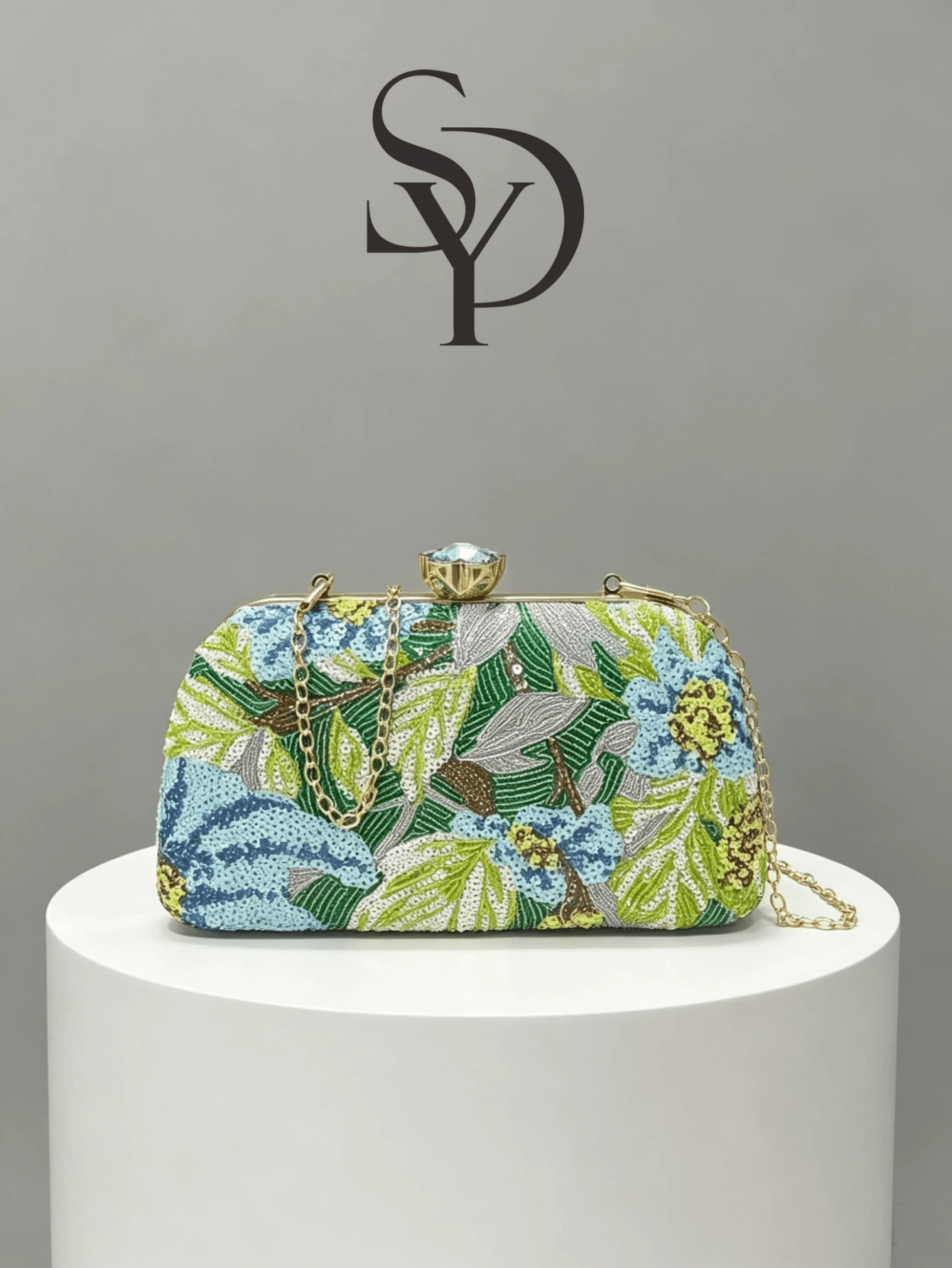 1pc Vintage Blue-Green Floral Beaded Evening Clutch Bag, Gold Frame Hard Case Chain Wallet (Random Cut) - Mint Green - View 1