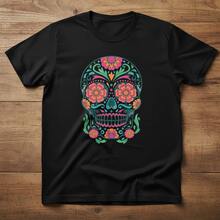 Vibrant Marigold Sugar Skull Tee - Traditional Mexican Folk Art Apparel - Negro - Ver 8