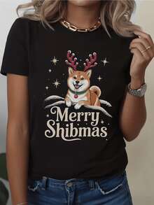 Perro Shiba decorado con astas navideñas sonriente bajo estrellas simboliza alegría de invierno y amistad sincera camiseta de mujer manga corta casual elegante para fiestas - Negro - Ver 1