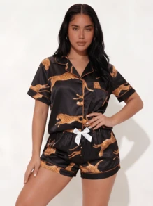[Dreamery]Leopard Print Women Poplin Short Sleeve Shorts Pajama Set - Black - View 8