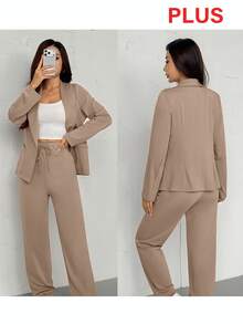 Plus Size Women 2 Pieces Set - Lapel Collar Blazer Jacket And Elastic Waist Pants Suit Elegant Spring - Khaki - View 1