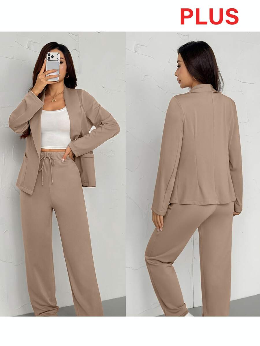 Plus Size Women 2 Pieces Set - Lapel Collar Blazer Jacket And Elastic Waist Pants Suit Elegant Spring - Khaki - View 1