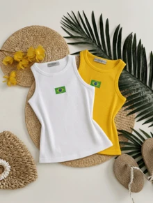 Set Of 2 Tank Tops With Embroidered Brazilian Flag - White/Yellow - View 3