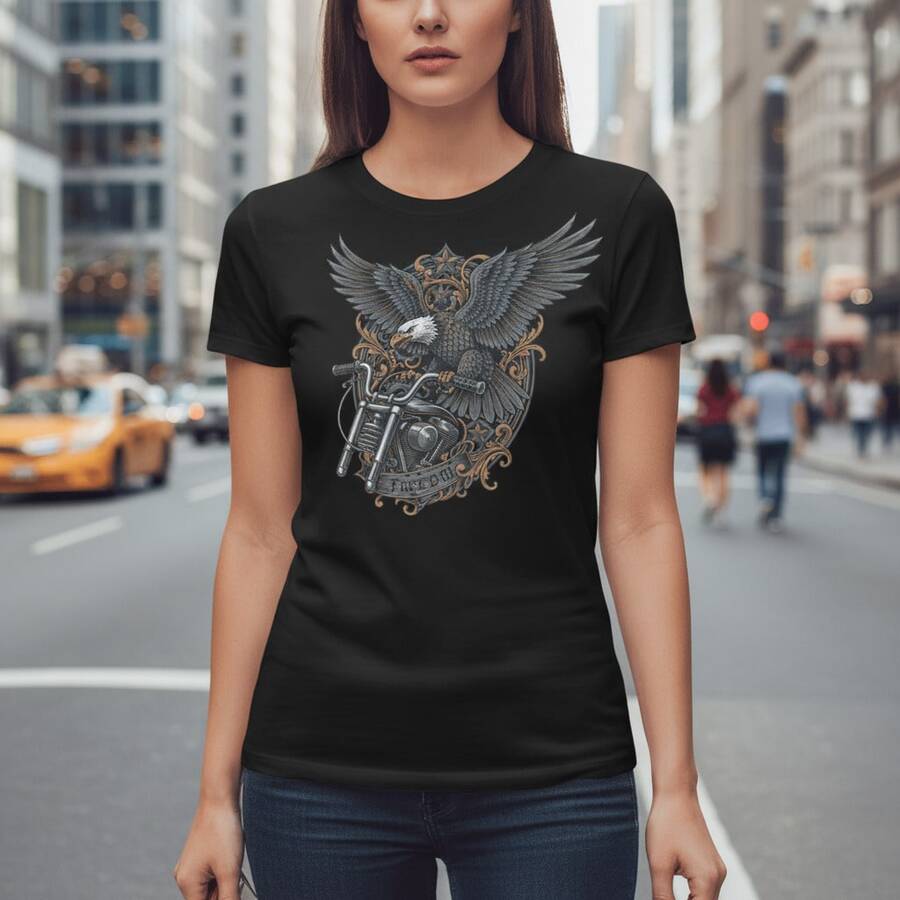 Soaring Freedom Engraved Americana Eagle Motorcycle Graphic Tee - Black - View 1