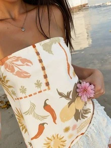 Look Polly 女士性感无肩带露脐上衣，露背个性图案衬衫，沙滩度假休闲衬衫 - 白底橘花 - 查看 4