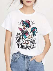Gallina con lentes de sol y sombrero transmite alegría confianza y amor por los animales wearable casual moderno divertido camiseta de mujer para amantes del campo y estilo relajado - Blanco - Ver 1